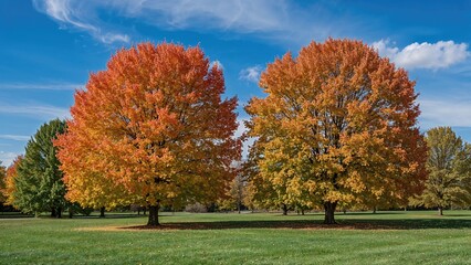Colorful autumn leaves in orange, yellow, and green glowing under a serene blue sky.
