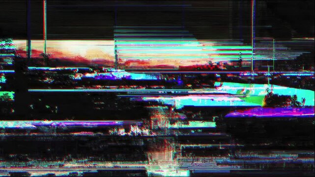 Abstract digital glitch art sequence with vibrant distorted colors and horizontal line patterns