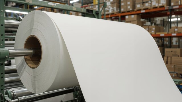 White self-adhesive paper on a jumbo roll used in flexographic label production.