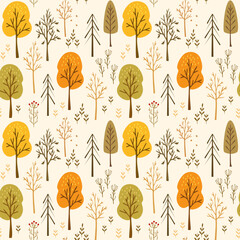 Seamless Autumn Forest Pattern With Colorful Trees, Bare Branches and Plants