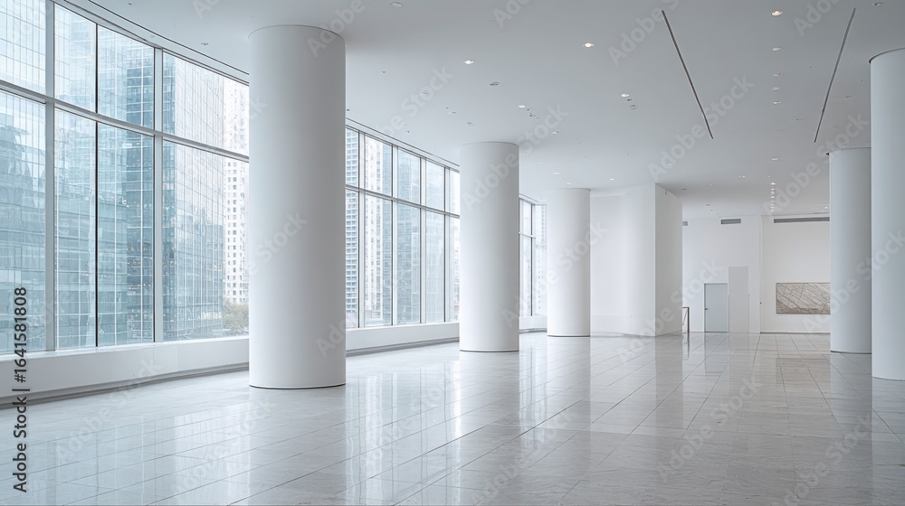 Poster bright modern interior space with large windows and white columns, offering architectural elegance a