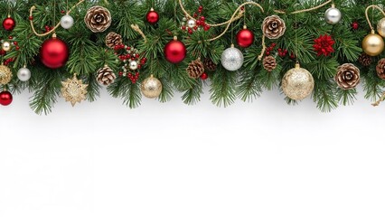 Wide Christmas garland decorated with fir branches, red and silver baubles, pine cones, and various festive elements, isolated on white