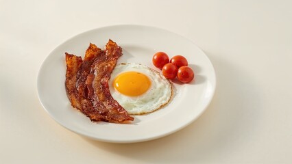 Continental morning meal with eggs, bacon, and tomatoes