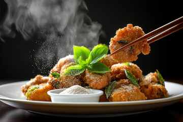 Steaming hot Taiwanese crispy salt and pepper chicken garnished with fresh basil leaves, golden fried coating, savory seasoning dust, served on white plate in moody dark background