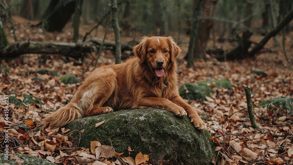 Poster rust-colored dog taking a break on a moss-covered rock surrounded by leaves in a dense forest settin