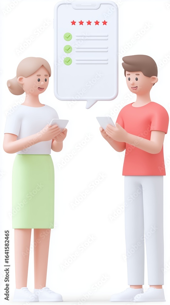 Poster two cartoon characters engaged in conversation while holding smartphones, discussing feedback with a