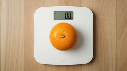 An orange resting on scales representing weight monitoring and healthy eating habits.