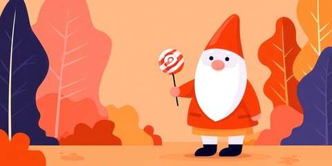 Fototapeta premium Gnome Halloween charming concept. Cheerful gnome holding a lollipop in a colorful autumn forest.