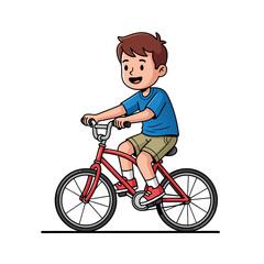 Cheerful Cartoon Boy Riding a Red Bicycle with Black Tires.