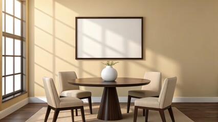 Warm sunlight streams through a large window casting shadows on a dining room with a round table and chairs