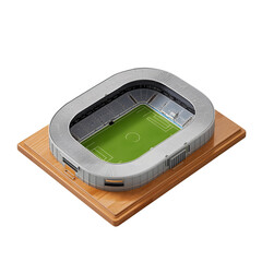 Modern soccer stadium model on wooden base isolated on transparent background