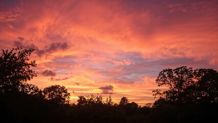 Crimson twilight with dark clouds signaling an approaching thunderstorm, treetops in shadow