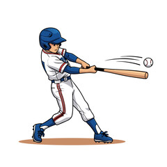 Focused cartoon baseball player in a blue helmet swinging a wooden bat making contact with the ball in a dynamic pose.