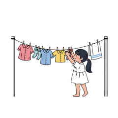 Girl Hanging Clothes on a Clothesline Colorful Cartoon Style.