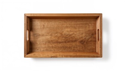 Vacant wooden tray set on a white canvas