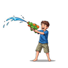 Happy Boy with Water Gun Shooting Water Splash Cartoon Style.