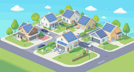 Fototapeta premium Sustainable neighborhood with eco-friendly solar powered homes and electric vehicles drives future living
