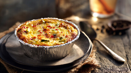 Mini egg casserole with a golden, fluffy top, filled with vibrant vegetables and melted cheddar. Served in silver foil on a rustic table with warm light, evoking a cozy morning vibe