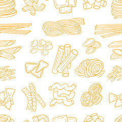 Doodle pasta pattern. Traditional italian meal ingredients, different types of pasta. Hand drawn print design for fabric, wrapping, menu, neoteric vector background