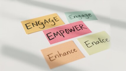 Strengthen, elevate, equip, and connect - business inspiration theme - sticky notes with handwriting