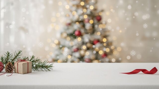 Blank festive surface with out-of-focus seasonal tree background for product presentation