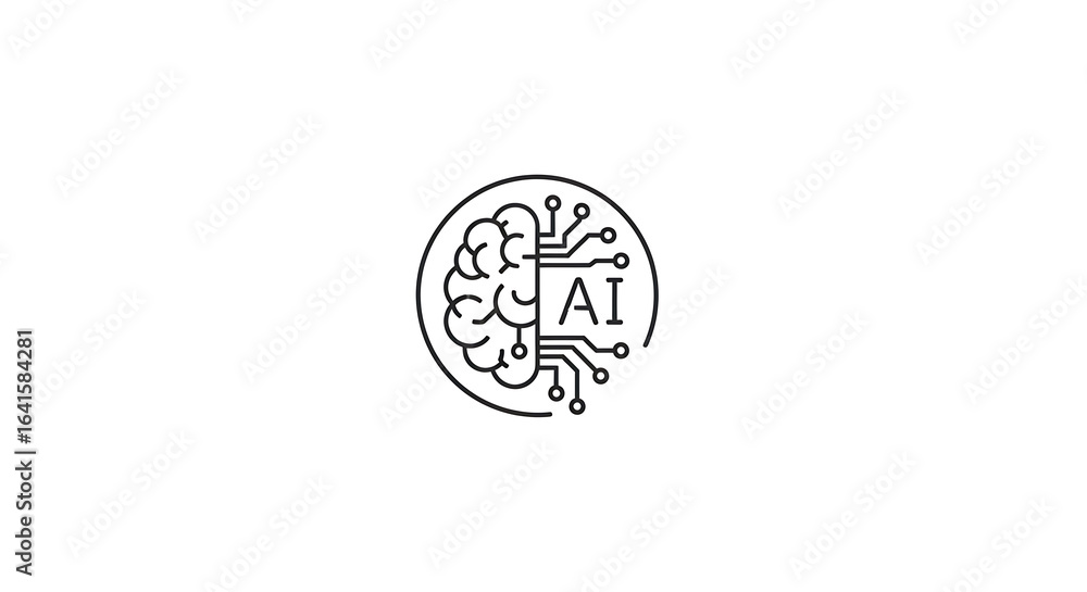 Poster illustration of a brain connected to a circuit board inside a circle with the letters ai inside it