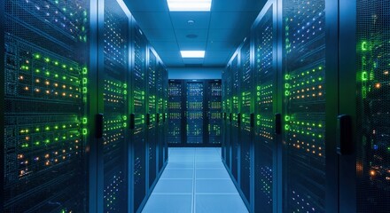 Server Room Data Center with Rows of Rack Servers and Equipment, Hosting Provider in Dark Tone