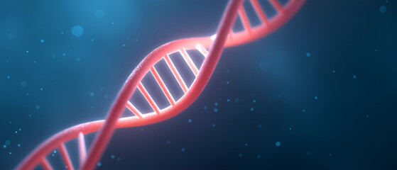 Double helix DNA structure in red color, with glowing light and floating particles on a blue background.