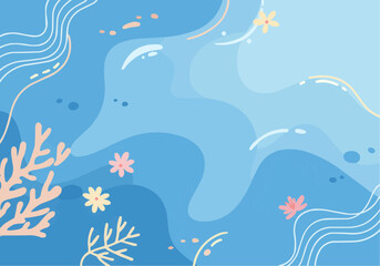 Abstract blue background with stylized coral, flowers, and wavy lines.