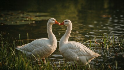 Fototapeta premium Close-up of wild geese with feathers by the river