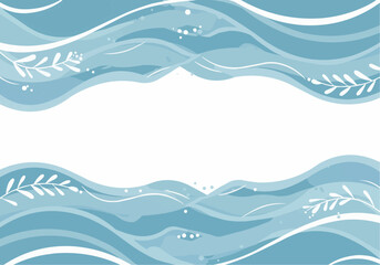 Abstract watercolor waves with floral accents frame a blank space, ideal for text or design elements.