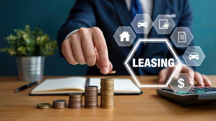 Businessman investing in leasing options with money stacks, home and car icons concept