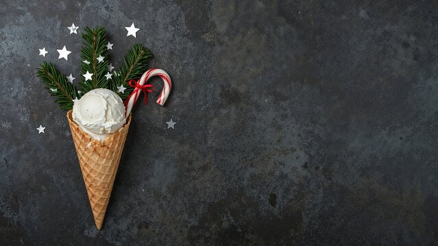 Christmas tree twigs, star confetti, and a decorated candy cane nestled inside an ice cream cone. Flat lay on a moody concrete backdrop with empty space.
