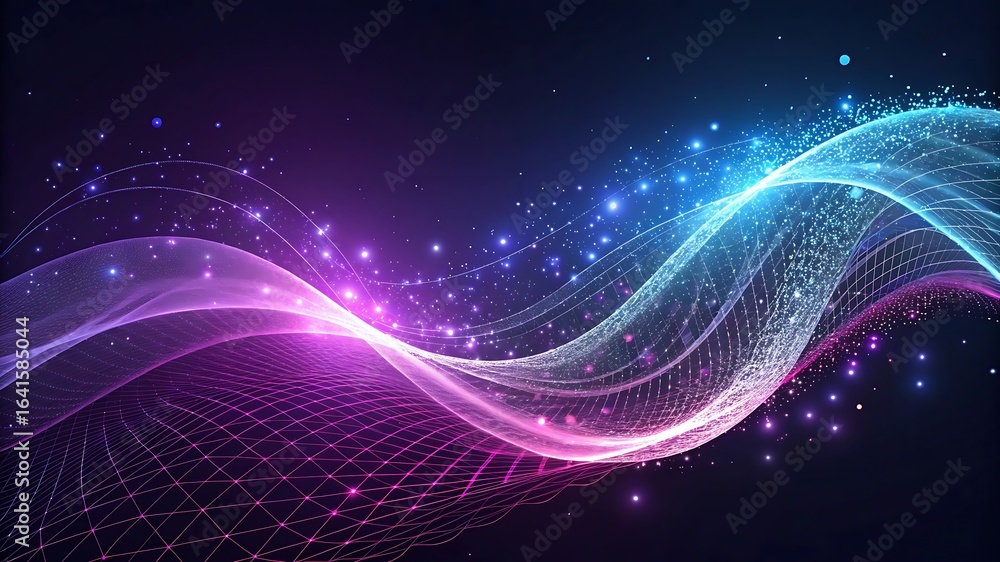 Poster glowing waves of light and particles abstract background