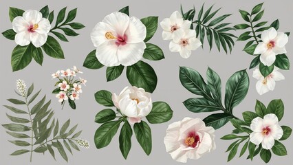Obraz premium Collection of tropical flower and leaf designs including hibiscus, peony, orchids, and white floral clusters on a gray background, perfect for repeating patterns.