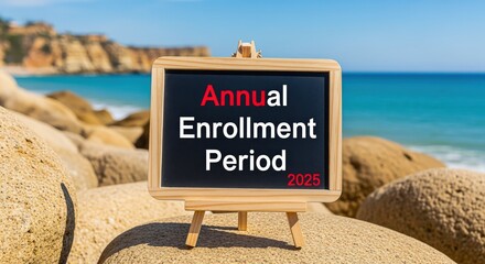 Annual Enrollment Period 2025 Blackboard Sign on Beach Rocks, Advertising Enrollment Deadlines and Information