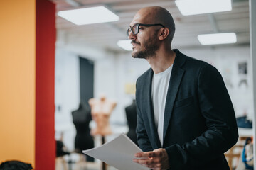 A passionate fashion design teacher engages with students, holding notes while teaching in a creative studio environment.