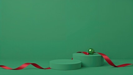 Green rectangular platforms with matching green cylinders, embellished with red ribbons, paper strips, and Christmas balls, designed for festive image templates and product presentations.