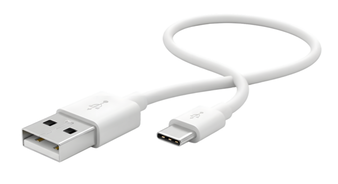 White usb typec cable for charging and data transfer, isolated on transparent background