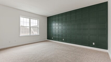 Obraz premium Bright empty interior featuring a bold dark green accent wall adorned with a grid pattern, clean white walls, large window illumination, and new carpet, excellent for interior design showcases,