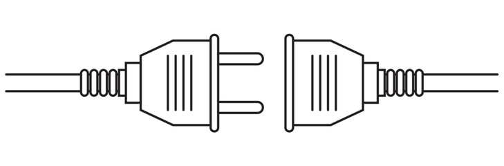 Vector line art of a power outlet with a plug. The plug and outlet are unplugged. The circuit breaker cable is on a transparent background.