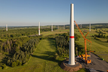 Aerial photograph of a wind turbine construction site in the countryside 