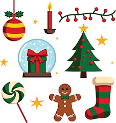 Christmas icons set with ornaments and festive decorations on white background