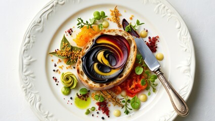 Gourmet appetizer with swirled spread on bread, elegant presentation