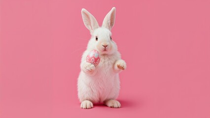 Obraz premium Spring celebration with a bunny and a colorful egg on a pink setting