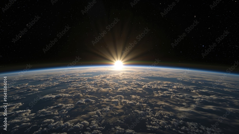 Poster dawn breaking above the planet from orbit with glowing clouds and twinkling stars in 4k 3d visualiza