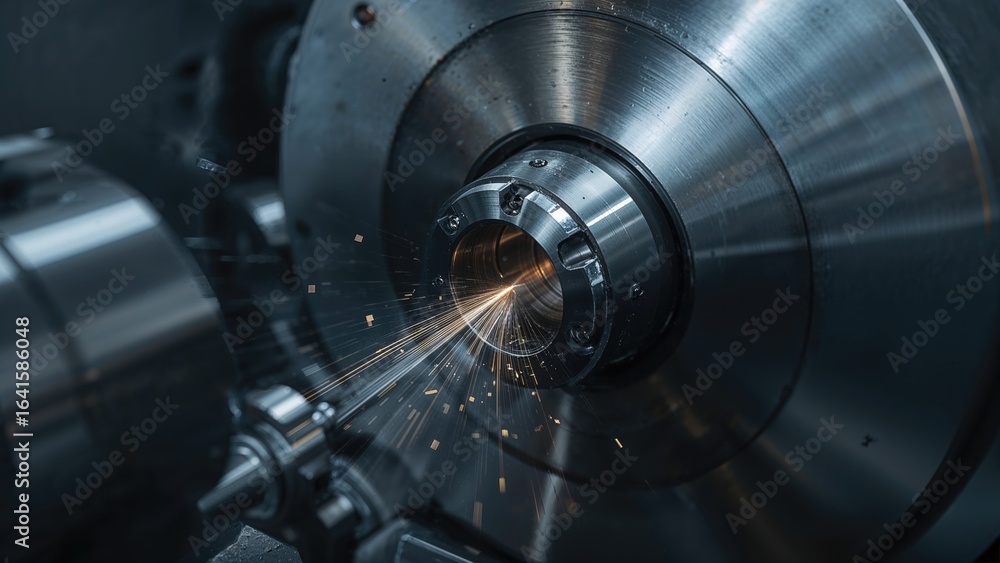 Poster close-up of a cnc lathe performing slot cutting on pipe coupling components using advanced metalwork