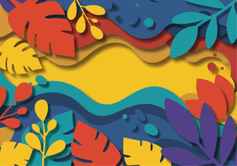 Colorful paper cut-out style illustration featuring layered tropical leaves and shapes.