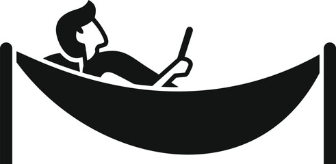 Man is lying in hammock, using tablet and enjoying his leisure time