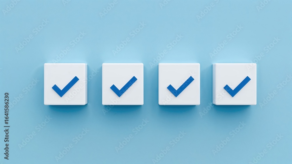 Poster set of four white cubes displaying blue checkmarks aligned horizontally on a blue background with bl